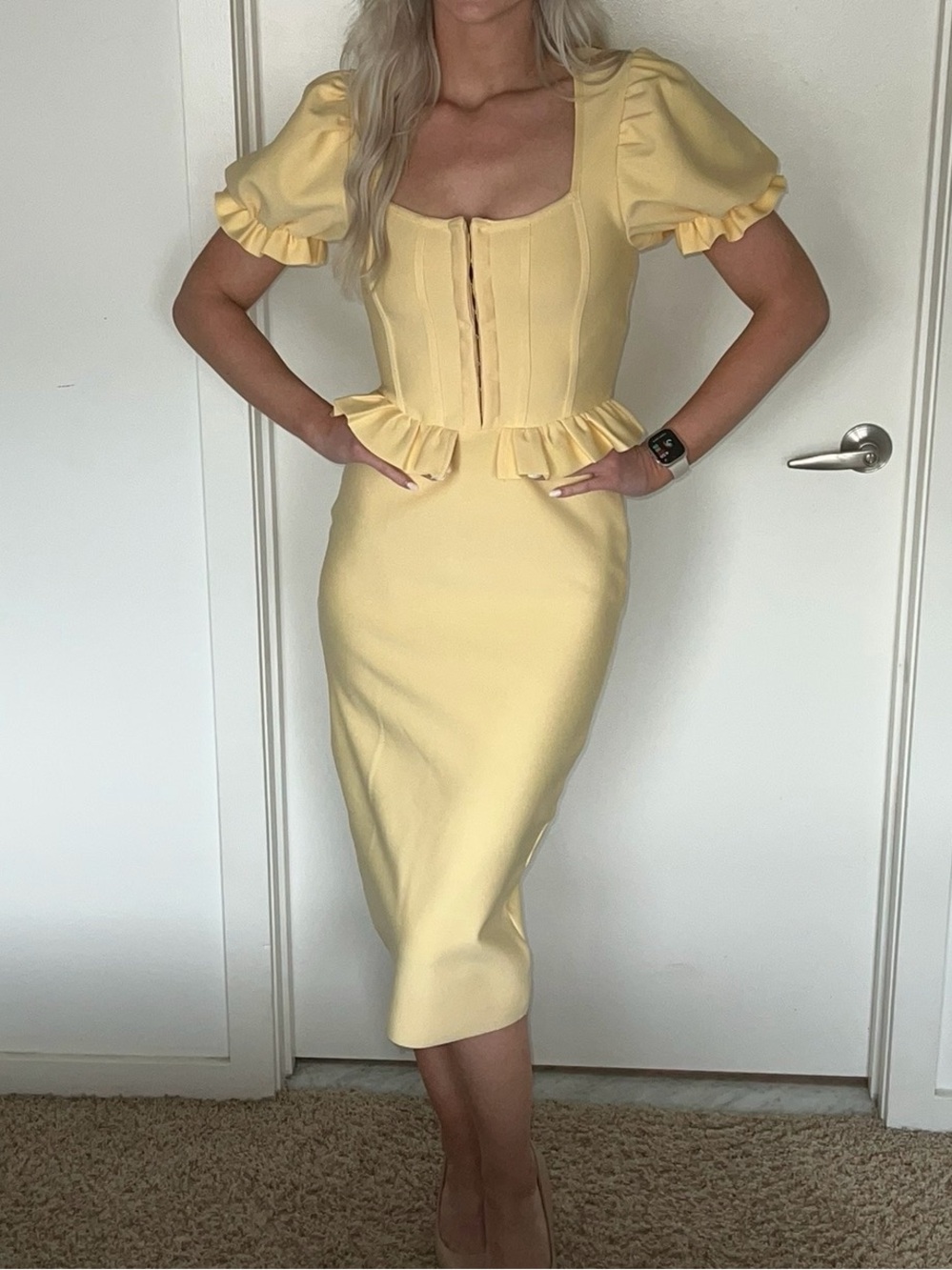 Yellow Puff-Sleeve Peplum Midi Dress